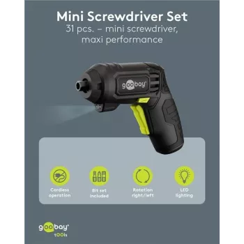 Goobay Mini akumuliatorinis atsuktuvas, 31 dalių rinkinys, pistoleto formos rankena, su 28 antgaliais ir Micro-USB įkrovimu (77818)