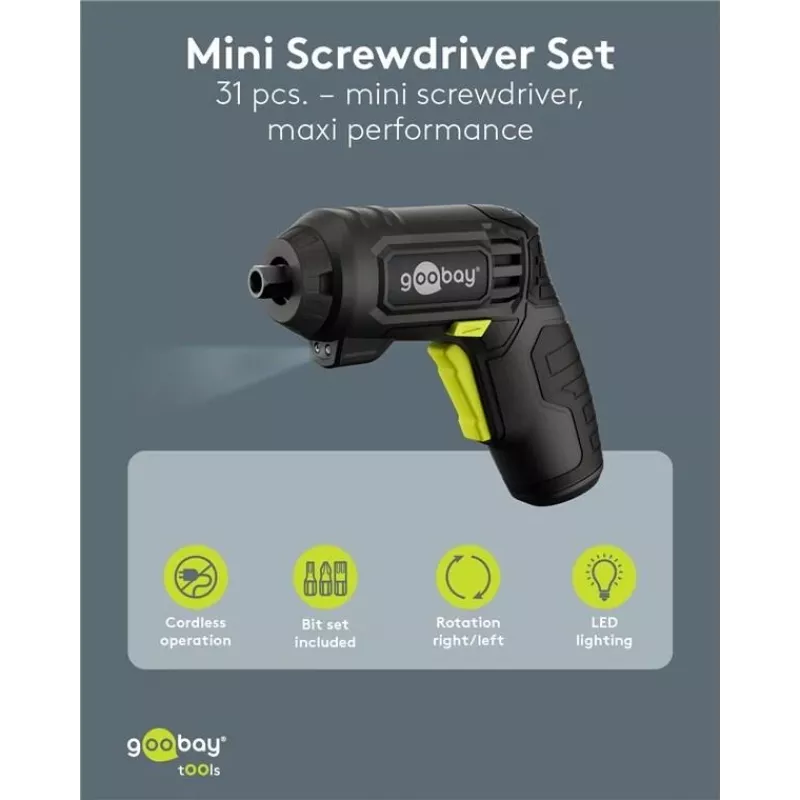 Goobay Mini akumuliatorinis atsuktuvas, 31 dalių rinkinys, pistoleto formos rankena, su 28 antgaliais ir Micro-USB įkrovimu (77818)