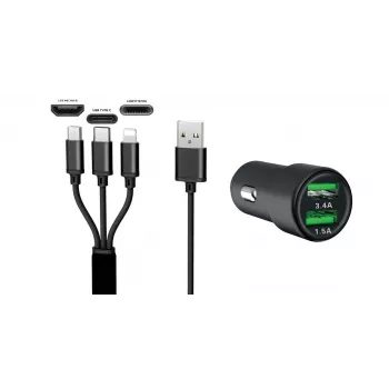 IWH dvigubas USB automobilinis įkroviklis 3-in-1 12/24V 3.4A juodas (19061)