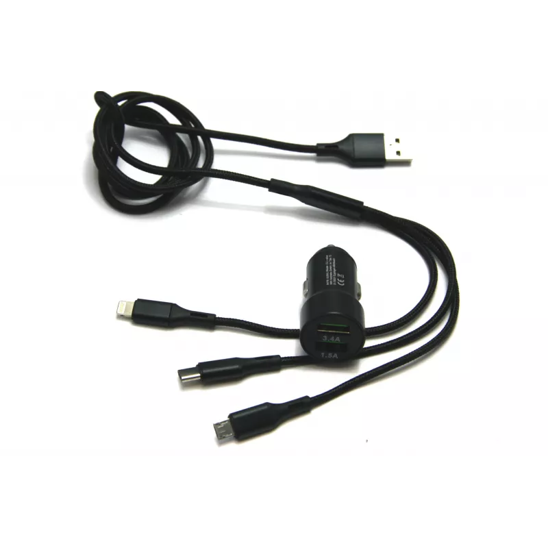 IWH dvigubas USB automobilinis įkroviklis 3-in-1 12/24V 3.4A juodas (19061)