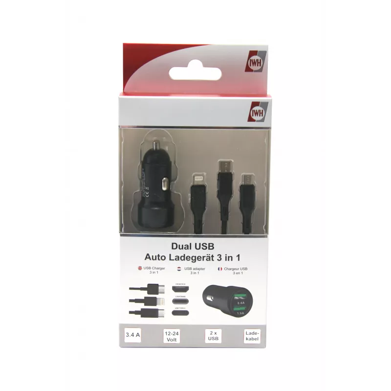 IWH dvigubas USB automobilinis įkroviklis 3-in-1 12/24V 3.4A juodas (19061)