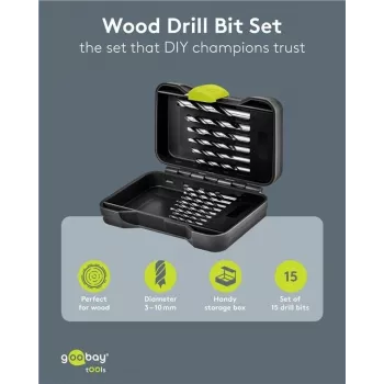 GOOBAY TOOLS 77847 medienos grąžtų rinkinys, 15 dalių, 3-10 mm, su transportavimo dėžute
