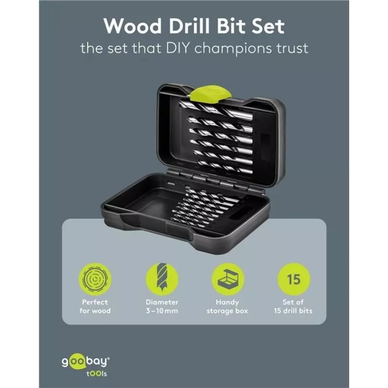 GOOBAY TOOLS 77847 medienos grąžtų rinkinys, 15 dalių, 3-10 mm, su transportavimo dėžute