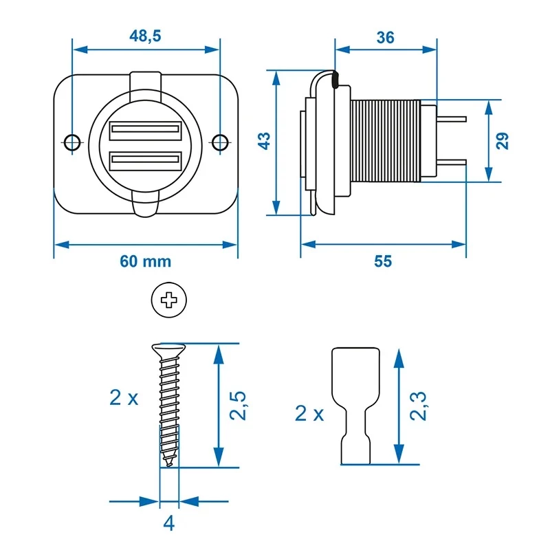 IWH USB dvigubas įleidžiamas lizdas 12/24V 2.1A 2x USB-A juodas 019006