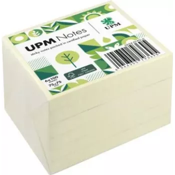 UPM Notes lipnūs lapeliai 5654-01PG-6, 75 x 75 mm, geltoni, 100 lapelių blokelyje, 6 blokeliai