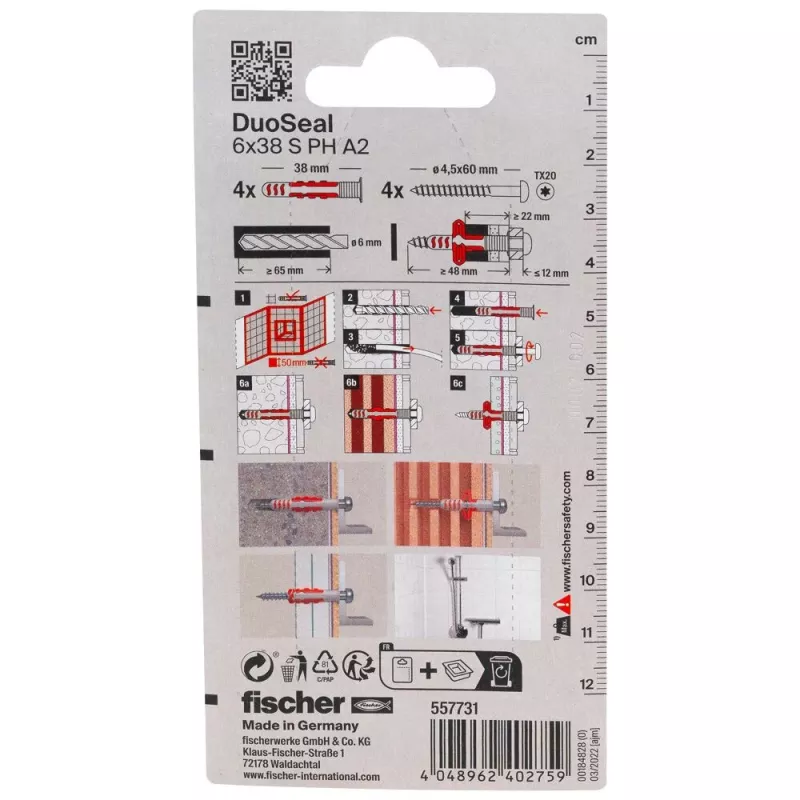 fischer DuoSeal 6 x 38 S PH TX A2 K NV sieninis kaištis su tarpine, 4 vnt. rinkinys 557731
