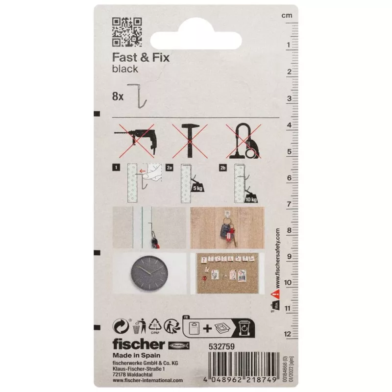 fischer Fast & Fix sieninis kabliukas K NV juodas (1 rinkinys) – lipnus, be gręžimo, daugkartinio naudojimo