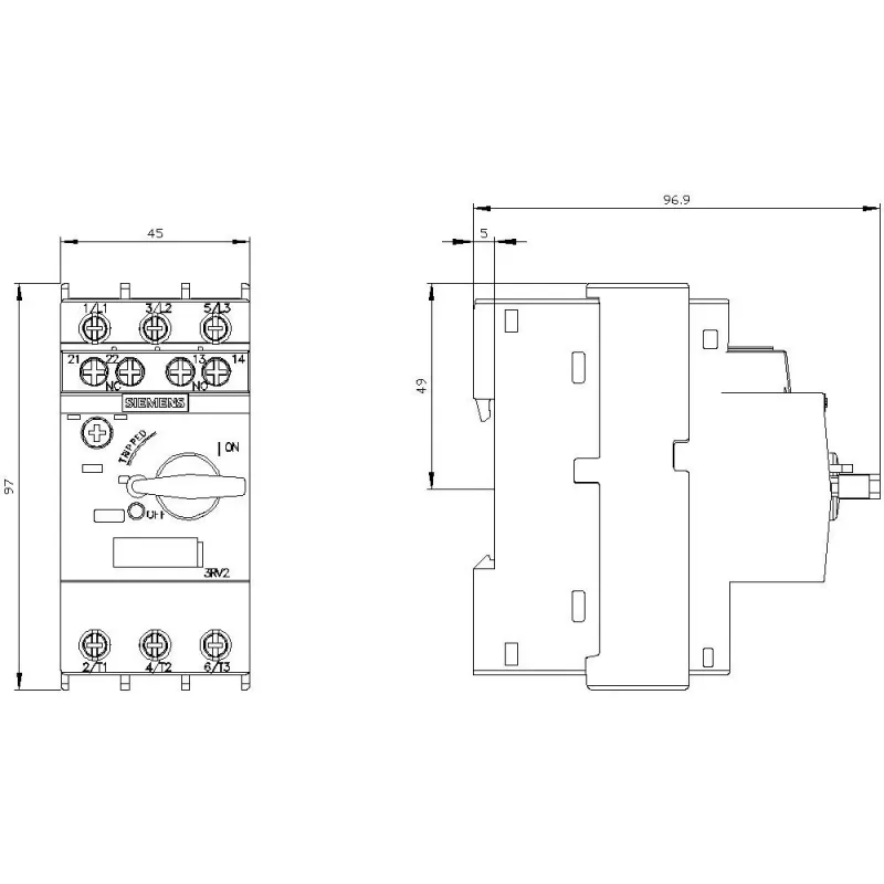 SIEMENS SIRIUS 3RV2 variklio starterio apsauginis jungiklis 3RV2021-1KA15, 1,1-1,6 A, 690V, 3 polių, varžtiniai gnybtai