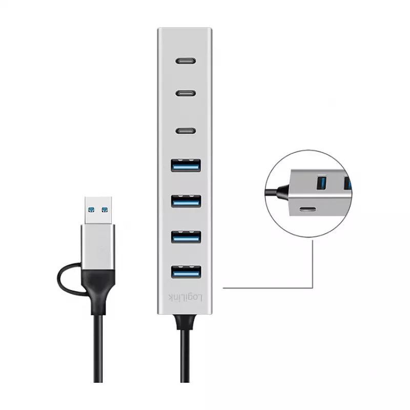 LogiLink USB 3.0 šakotuvas, 7 portų, 4x USB-A, 3x USB-C, aliumininis korpusas