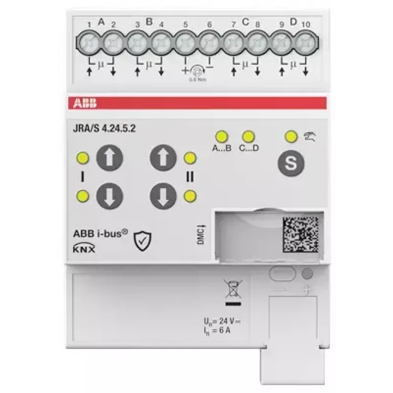 ABB JRA/S4.24.5.2 KNX žaliuzių/rolo užuolaidų pavara, 4 kanalų, 24V AC/DC, rankinis valdymas, DIN bėgelis 2CDG110298R0011