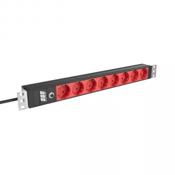 EFB Elektronik EK631CD.1V2 19 inch 1U montuojamas PDU, 8 x CEE 7/3 raudoni lizdai, IEC C14 įvadas, 10 A apsauga nuo perkrovos, juodas