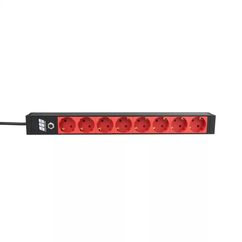 EFB Elektronik EK631CD.1V2 19 inch 1U montuojamas PDU, 8 x CEE 7/3 raudoni lizdai, IEC C14 įvadas, 10 A apsauga nuo perkrovos, juodas