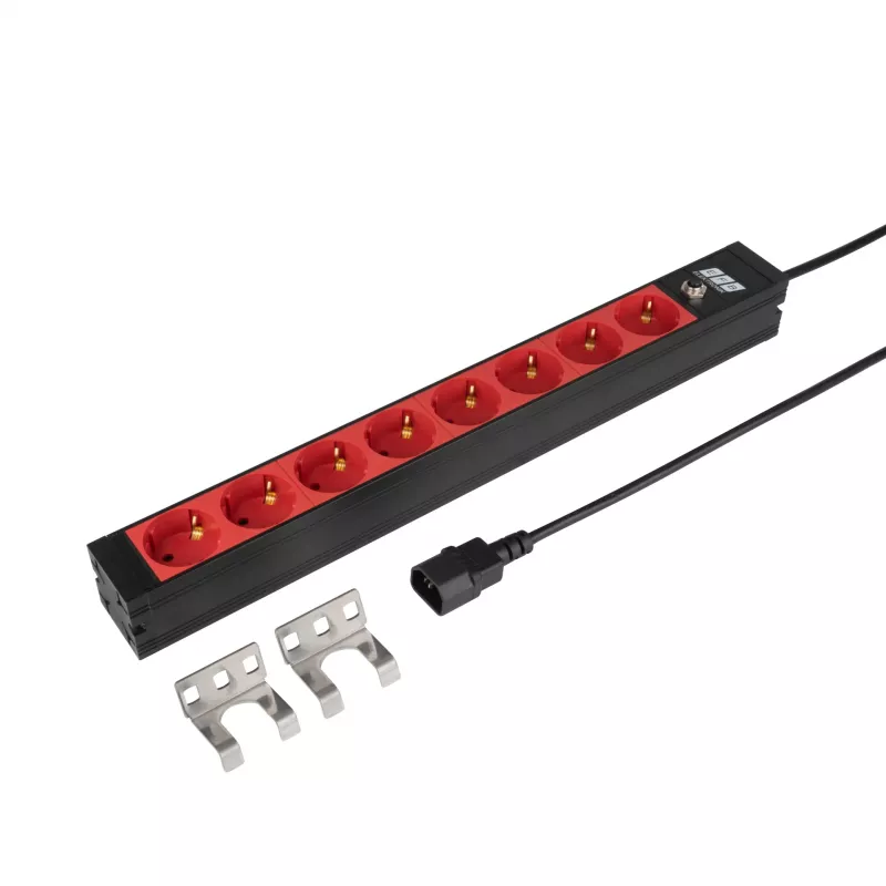 EFB Elektronik EK631CD.1V2 19 inch 1U montuojamas PDU, 8 x CEE 7/3 raudoni lizdai, IEC C14 įvadas, 10 A apsauga nuo perkrovos, juodas