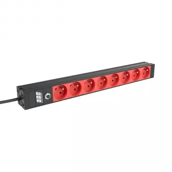 EFB ELEKTRONIK EK631CF.1V2 19 colių 1U stovo maitinimo paskirstymo blokas, 8 x CEE 7/5 (E tipo) raudoni lizdai, IEC C14 įėjimas, 10A apsauga nuo perkrovos, juodas