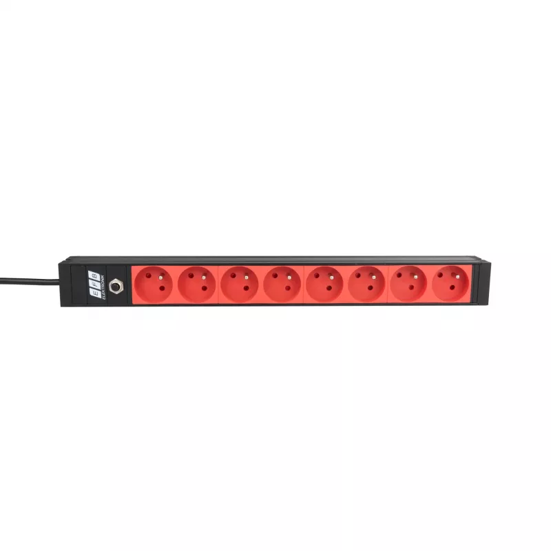 EFB ELEKTRONIK EK631CF.1V2 19 colių 1U stovo maitinimo paskirstymo blokas, 8 x CEE 7/5 (E tipo) raudoni lizdai, IEC C14 įėjimas, 10A apsauga nuo perkrovos, juodas