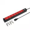 EFB ELEKTRONIK EK631CF.1V2 19 colių 1U stovo maitinimo paskirstymo blokas, 8 x CEE 7/5 (E tipo) raudoni lizdai, IEC C14 įėjimas, 10A apsauga nuo perkrovos, juodas