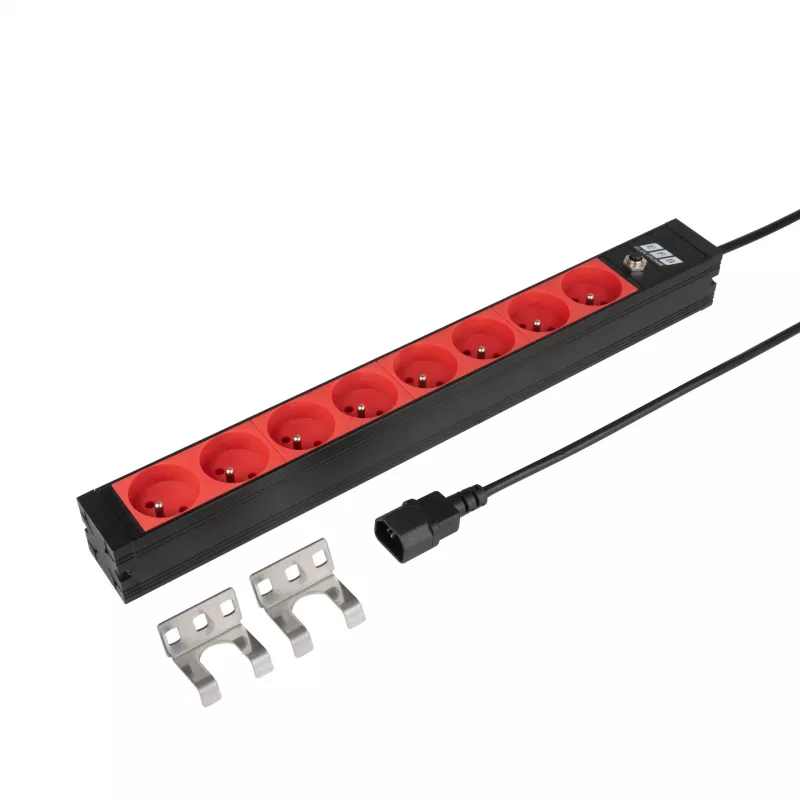 EFB ELEKTRONIK EK631CF.1V2 19 colių 1U stovo maitinimo paskirstymo blokas, 8 x CEE 7/5 (E tipo) raudoni lizdai, IEC C14 įėjimas, 10A apsauga nuo perkrovos, juodas