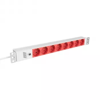 EFB Elektronik EK631CD.1GRV2 19 colių 1U stovo maitinimo paskirstymo blokas, 8x CEE 7/3 raudoni lizdai, IEC C14 įėjimas, 10A apsauga nuo perkrovos, pilkas