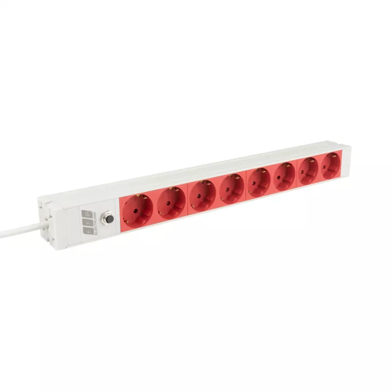 EFB Elektronik EK631CD.1GRV2 19 colių 1U stovo maitinimo paskirstymo blokas, 8x CEE 7/3 raudoni lizdai, IEC C14 įėjimas, 10A apsauga nuo perkrovos, pilkas