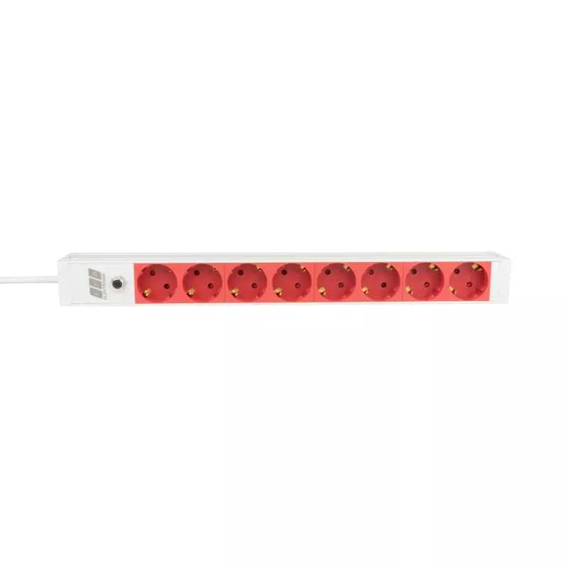 EFB Elektronik EK631CD.1GRV2 19 colių 1U stovo maitinimo paskirstymo blokas, 8x CEE 7/3 raudoni lizdai, IEC C14 įėjimas, 10A apsauga nuo perkrovos, pilkas