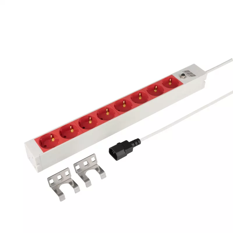 EFB Elektronik EK631CD.1GRV2 19 colių 1U stovo maitinimo paskirstymo blokas, 8x CEE 7/3 raudoni lizdai, IEC C14 įėjimas, 10A apsauga nuo perkrovos, pilkas