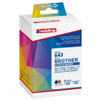 Edding 18-643 suderinamų rašalo kasečių rinkinys Brother LC3213 serijai – juoda, žydra, purpurinė, geltona (4 vnt.)