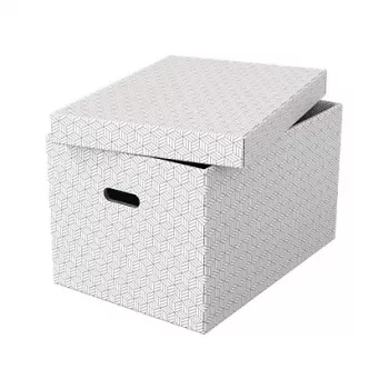 LEITZ Esselte Home Storage Box L, rinkinys iš 3, baltos spalvos, 100% perdirbtas gofruotasis kartonas, nuimamas dangtis, sukraunamos, 365 x 270 x 120 mm 628286