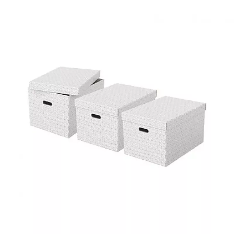 LEITZ Esselte Home Storage Box L, rinkinys iš 3, baltos spalvos, 100% perdirbtas gofruotasis kartonas, nuimamas dangtis, sukraunamos, 365 x 270 x 120 mm 628286
