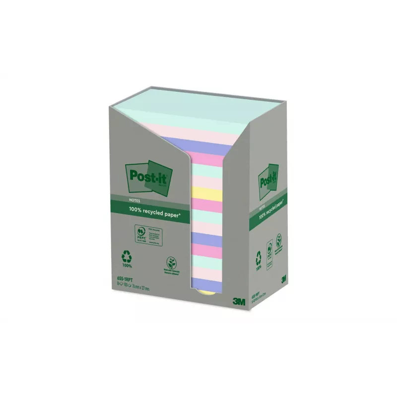 3M Post-it Recycling Notes 655-1RPT-N lipnūs lapeliai, 127 x 76 mm, violetinė, 100 lapelių, 100% perdirbtas popierius
