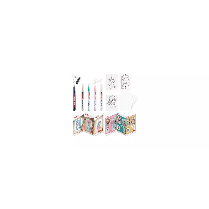 edding 5300 akrilinių žymeklių rinkinys Manga, 5 smulkaus apvalaus antgalio žymekliai, 1-3 mm linijos plotis, pigmentuotas rašalas, įvairios spalvos (juoda, balta, pastelinė geltona, pastelinė rožinė, pastelinė mėlyna) 4-5300-1800-5-1