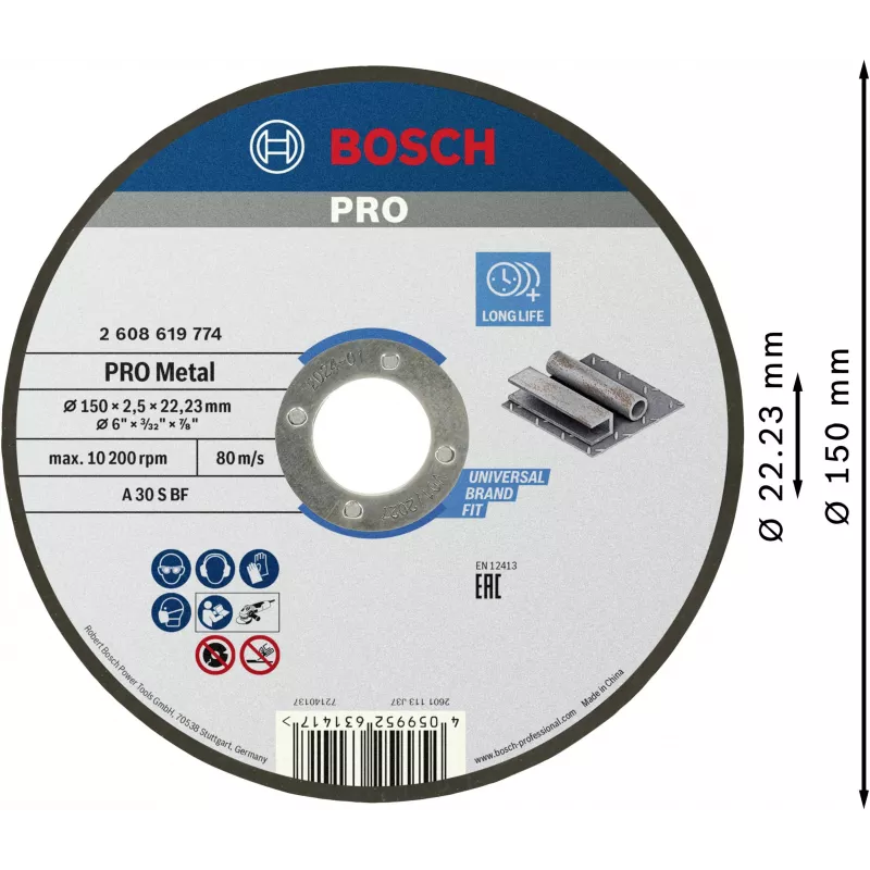 Bosch Standard for Metal pjovimo diskas metalui 150 mm x 1,6 mm x 22,23 mm, tiesus, aliuminio oksidas, 1 vnt. 2608619774