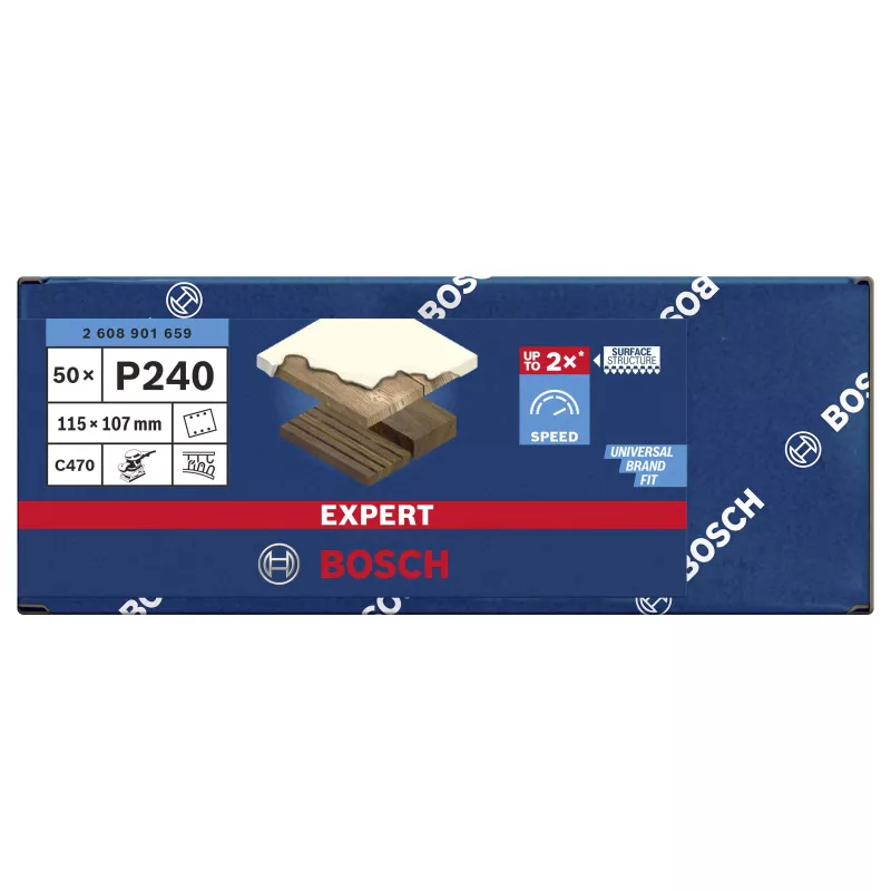 Bosch Expert C470 šlifavimo popierius orbitiniams šlifuokliams, 240 grūdėtumo, 107 x 115 mm, 50 vnt. paketas 2608901659