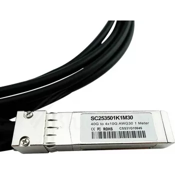 BlueLAN LSWM1QSTK3-BL 40GBASE-CR4 QSFP į 4x10GBASE-CR SFP+ pasyvus tiesioginio prijungimo breakout kabelis, 1m, AWG30