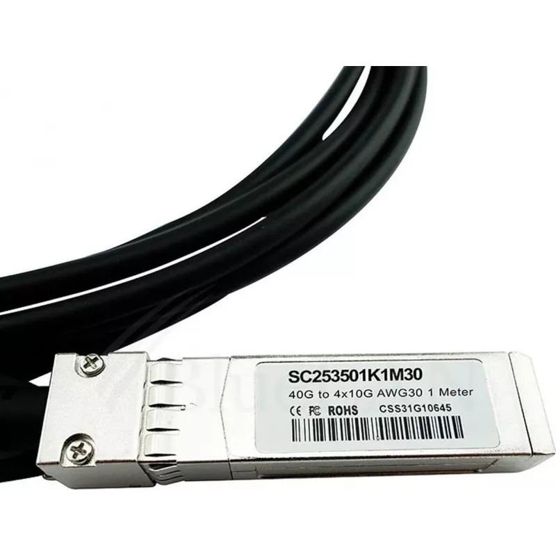 BlueLAN LSWM1QSTK3-BL 40GBASE-CR4 QSFP į 4x10GBASE-CR SFP+ pasyvus tiesioginio prijungimo breakout kabelis, 1m, AWG30