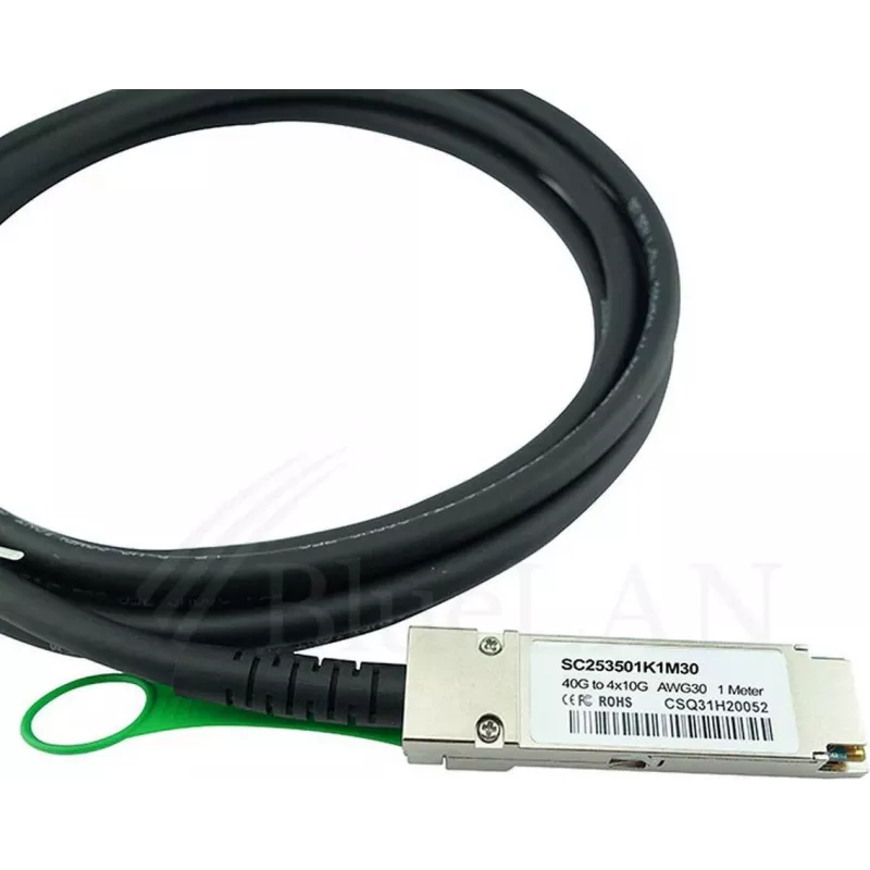 BlueLAN LSWM1QSTK3-BL 40GBASE-CR4 QSFP į 4x10GBASE-CR SFP+ pasyvus tiesioginio prijungimo breakout kabelis, 1m, AWG30