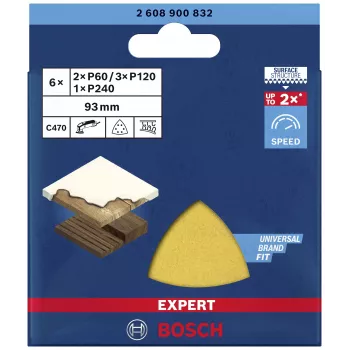 Bosch EXPERT C470 delta šlifavimo lapų rinkinys 93 mm P60/P80/P120 su „hook-and-loop“ tvirtinimu, perforuoti, 6 vnt. 2608900832