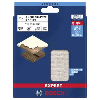 Bosch Expert M480 šlifavimo tinklelio rinkinys orbitiniam šlifuokliui, 3 dalių, grūdėtumas 80/120/180, 115 x 107 mm, Hook & Loop 2608901666