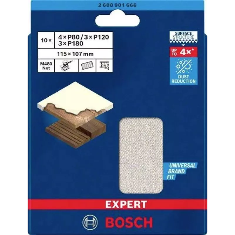 Bosch Expert M480 šlifavimo tinklelio rinkinys orbitiniam šlifuokliui, 3 dalių, grūdėtumas 80/120/180, 115 x 107 mm, Hook & Loop 2608901666