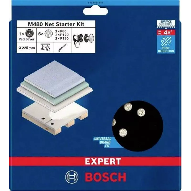 Bosch Expert M480 225 mm šlifavimo tinklelio rinkinys sausųjų statybų šlifuokliams, grūdėtumas P80/P120/P180, 3 dalių 2608901667