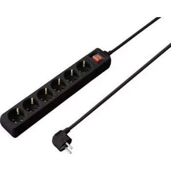 SYGONIX SY-4891006 6 vietų Schuko elektros skirstytuvas su apšviestu jungikliu, 1,5 m kabeliu, juodas