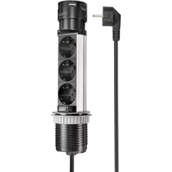 SYGONIX SY-4997104 Power Strip Tower, 6 AC lizdai, 2 USB-A prievadai, 1,5 m kabelis, juoda/sidabrinė