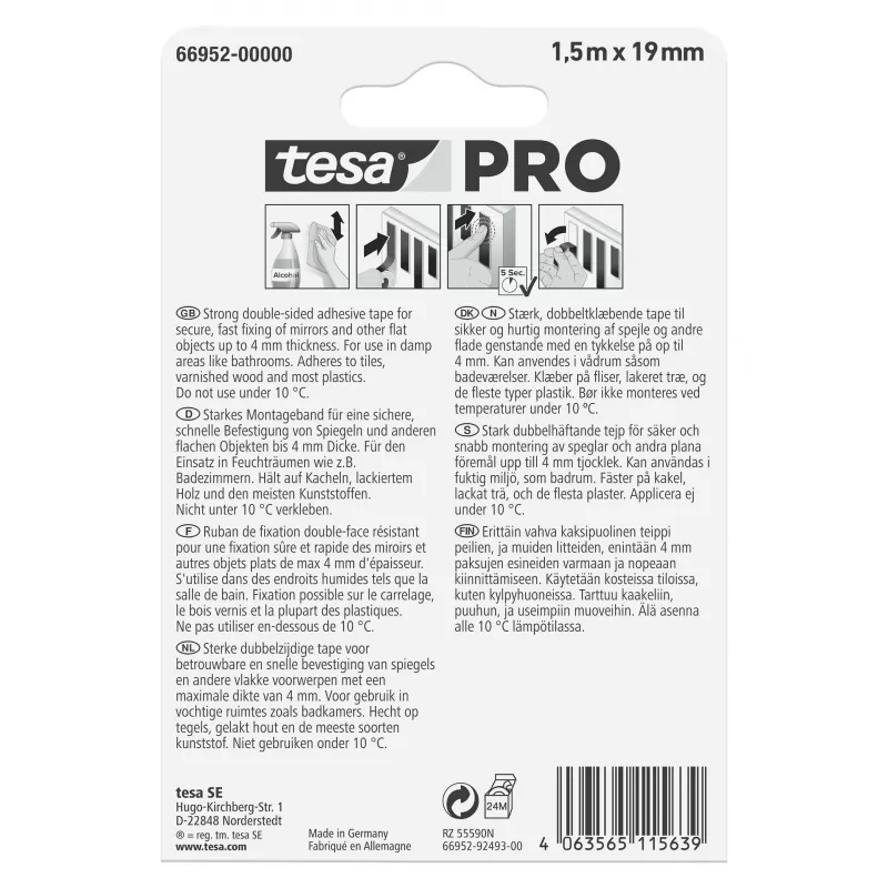 tesa Mounting PRO veidrodžių tvirtinimo juosta, balta, 1,5 m x 19 mm, 66952-00000-00