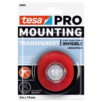 tesa Mounting PRO Transparent 66965-00001-00 dvipusė akrilinės putos tvirtinimo juosta, 5 m x 19 mm, išlaiko iki 10 kg/m, atspari UV ir drėgmei, skirta vidaus ir lauko darbams
