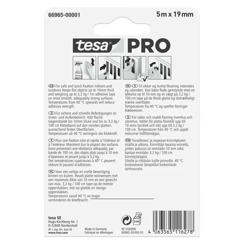 tesa Mounting PRO Transparent 66965-00001-00 dvipusė akrilinės putos tvirtinimo juosta, 5 m x 19 mm, išlaiko iki 10 kg/m, atspari UV ir drėgmei, skirta vidaus ir lauko darbams