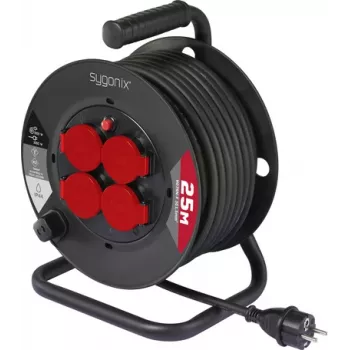 Sygonix SY-10236129 kabelio ritė juoda su Schuko kištuku, 25 m, 4 lizdai