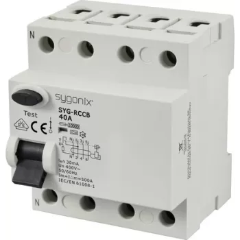 Sygonix SY-6438018 liekamosios srovės automatinis jungiklis (RCCB) 4 polių A tipo 40A 30mA 10kA 400V AC
