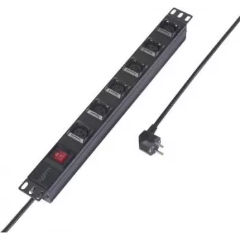 Sygonix SY-6736982 19 colių 6 vietų Schuko PDU maitinimo juosta, 1U stovo montavimas, 2 m kabelis, juoda