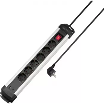 Sygonix SY-6807130 6 lizdų elektros skirstytuvas su apšviestu jungikliu, juodas/sidabrinis, 1,5 m laidas