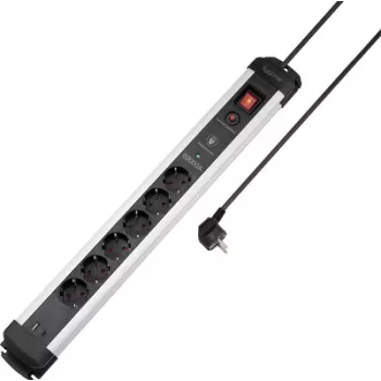 Sygonix SY-6805674 6 lizdų apsauginis nuo viršįtampių prailgintuvas su jungikliu, Schuko, 1,5 m kabelis, juodas/sidabrinis