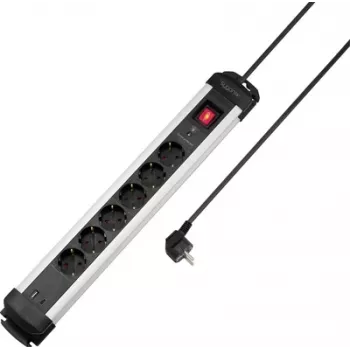 Sygonix SY-6807132 6 vietų apsaugos nuo viršįtampių ilginamasis laidas, juodas/sidabrinis, 1,5 m kabelis